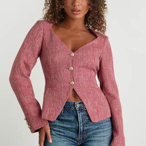 Lulus Vadima Berry Pink Tweed Button-front Blazer - Size M